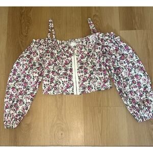 ASTR The Label Purple Fuchsia Ditsy Floral Ruffle Off The Shoulder Top Large NEW